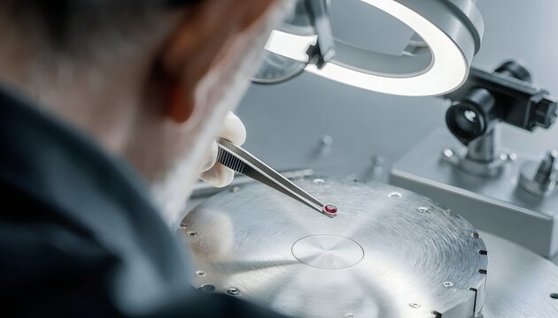 Precision Work with Tweezers and Red Gemstone in Workshop Setting