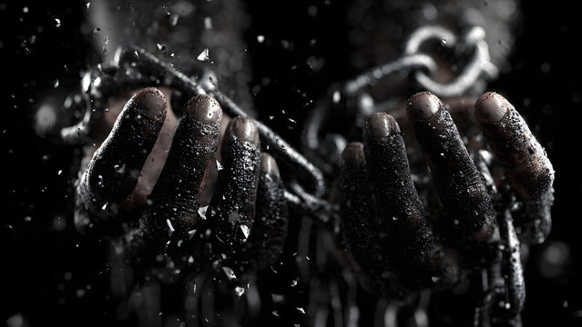 Powerful hands breaking heavy metal chains, symbolizing freedom, liberation, and overcoming adversity in a dark setting.