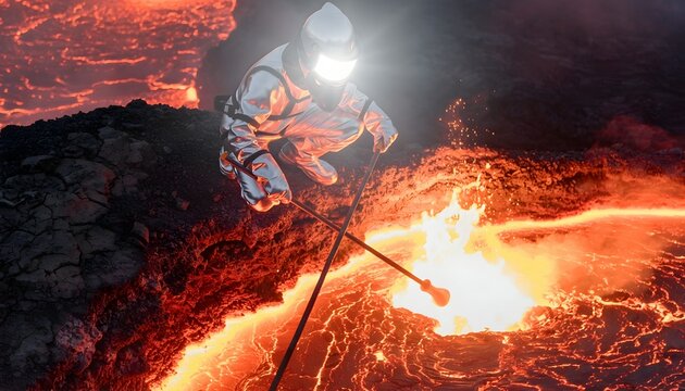 Scientist Conducting Research Near Active Lava Flow in Volcano