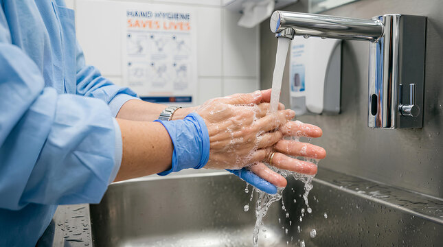Medical professional in scrubs washing hands at sink.