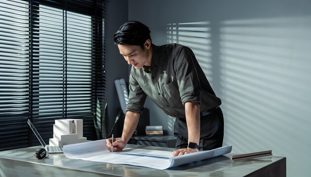 Businessman Working on Architectural Plans in Modern Office Space