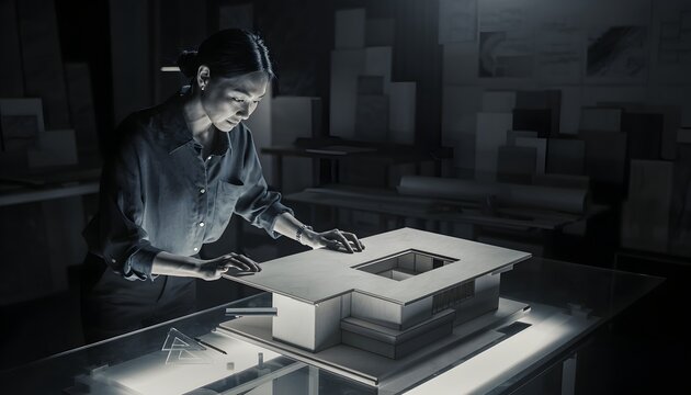 Female Architect Examining Scale Model in Modern Design Studio