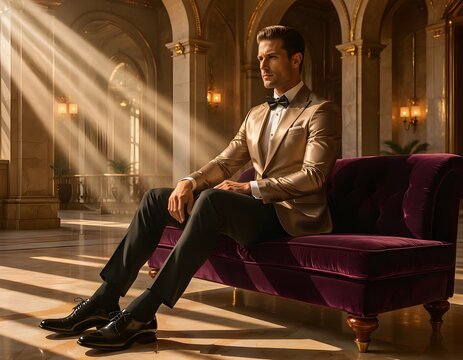 Elegant Man in Gold Suit Sitting Gracefully on Sofa in Mansion