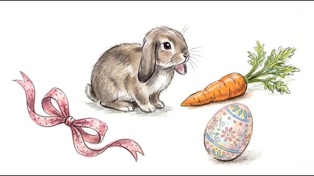 Cute Easter Bunny blinking with carrot, egg, and pink ribbon watercolor animation