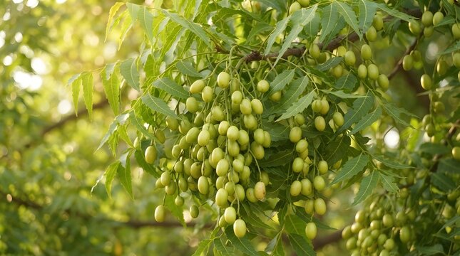 Fresh green neem fruits hanging from a neem tree branch