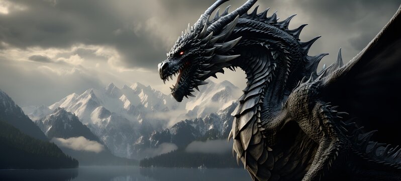 art of lake dragon a black and white high contrast full body , highly detailed,generative AI