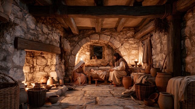 Nativity scene inside a stone stable with mary, joseph, and baby jesus in a manger, illuminated by warm firelight