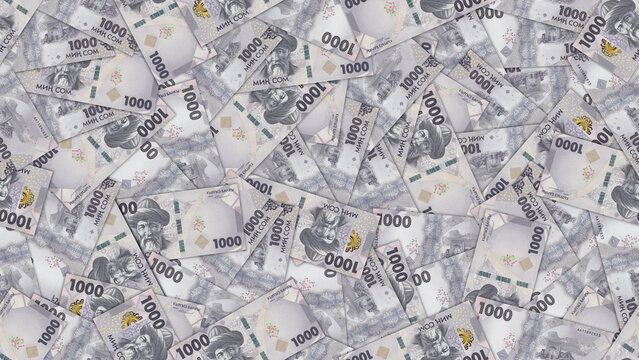Financial seamless pattern. Scattered 1000 som banknotes. Kyrgyz money. Cash of Kyrgyzstan republic. Textured background or wallpaper. One thousand. Many bills. Obverse and reverse of notes