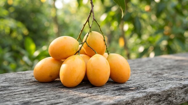 Fresh ripe yellow marian plum fruits hanging on tree branch in the garden