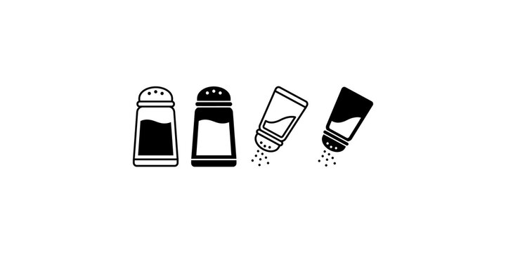 Black and white salt pepper shaker icons set in flat style for kitchen dining themes.