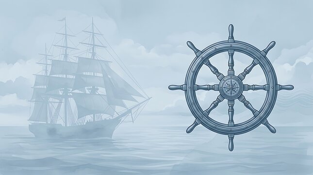 Ancient sailing ship helm wheel with classic galleon silhouette at sea nautical maritime steering