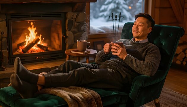 Relaxing Man Enjoys Warm Beverage by Cozy Fireplace in Winter Cabin