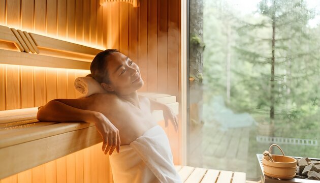 Relaxing woman enjoying a serene moment in a wooden sauna