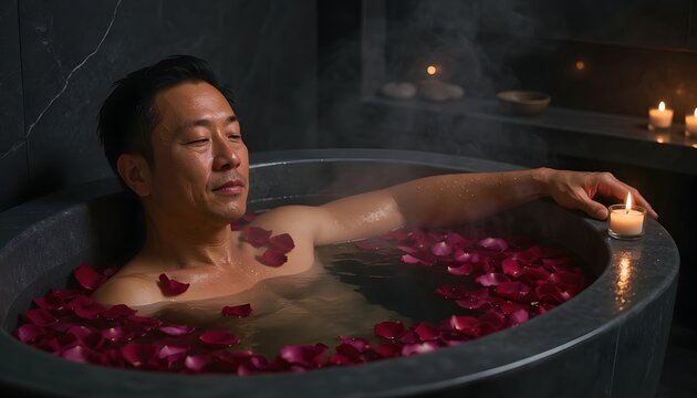 Relaxing Man in Bathtub Surrounded by Rose Petals and Candles