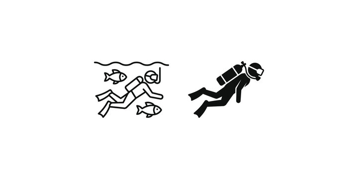 Two scuba divers with fish underwater swimming line art and solid black color illustration.