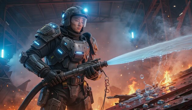 Futuristic Firefighter in Advanced Gear Extinguishing Flames in Garage