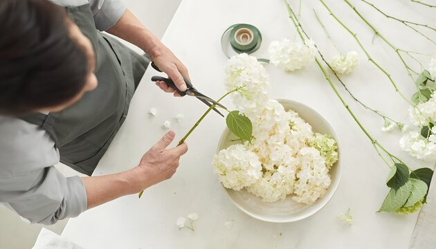 Flower Arrangement Process with White Blooms and Pruning Shears