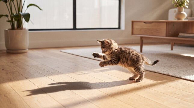Cute tabby kitten playing and chasing its shadow on a sunny wooden floor at home