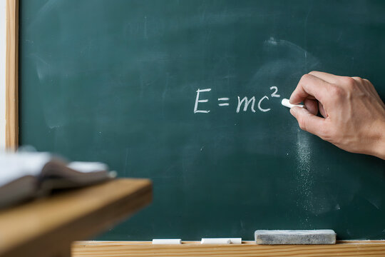 Close up of a hand writing the physics equation e equals mc squared on a green chalkboard with a wooden desk and book in the foreground area