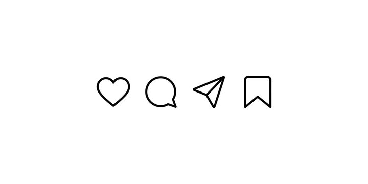 Instagram like, comment, share, and save icons outlined in black for social media engagement.