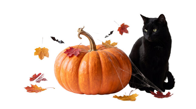 Halloween black cat with orange pumpkin, autumn leaves and bats on white background, spooky holiday feline portrait