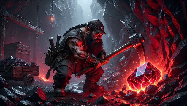 Dwarf Miner Excavating Gemstone in Dark Cave Setting with Tools