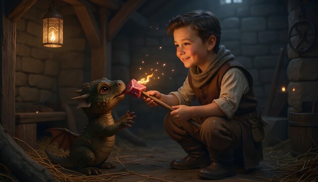 Young Boy Plays with Enchanted Dragon in Cozy Barn Setting