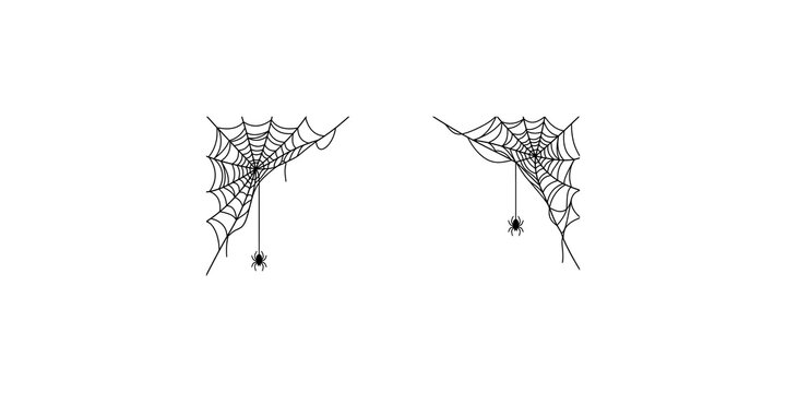 Two corner spider web designs with dangling spiders for halloween party decorations.