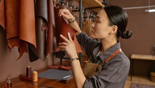 Craftswoman Inspecting Leather Hides in Artisan Workshop Environment