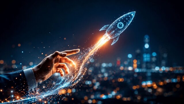 Business Growth Success and Innovation Concept with Digital Rocket Launching in 6 Dynamic Stages