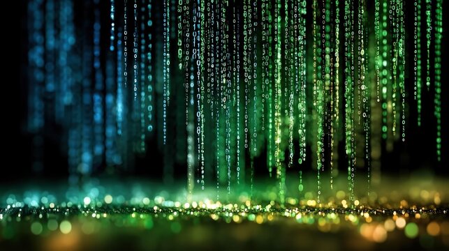 Abstract technical background with cascading binary code, glowing green and blue zeros and ones falling in vertical streaks, shallow depth of field, black background