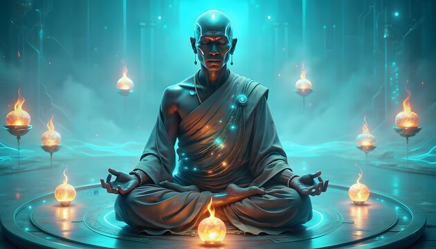 Serene Meditation of a Futuristic Monk with Ethereal Flame Orbs