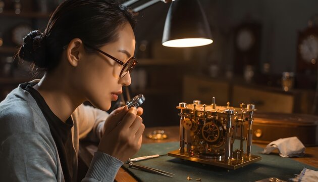 Young Woman Carefully Examining Clock Mechanism with Magnifying Glass