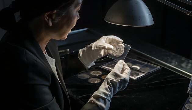 Woman Examining Vintage Coins Under Soft Light with Careful Focus
