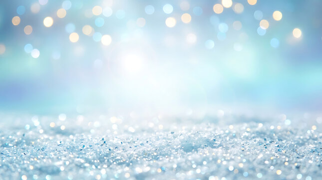 Winter Holiday Background with Sparkling Snow and Glowing Bokeh Lights