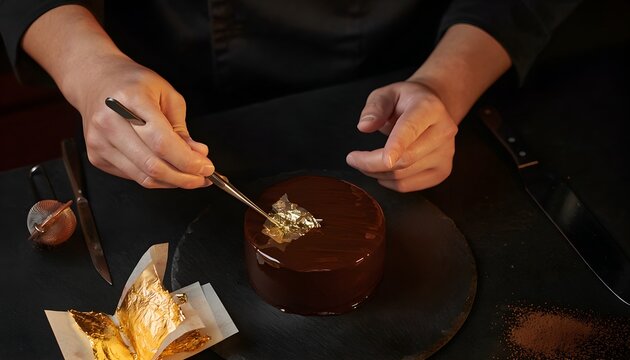 Hands of Chef Applying Gold Leaf to Dark Chocolate Cake Decoration