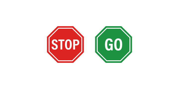 Red and green octagonal signs featuring stop and go text for traffic and safety compliance.