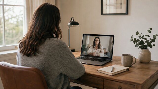 Woman attending private online mental health therapy session from her quiet home office