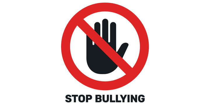 Stop bullying warning sign featuring black hand symbol within red circular border.