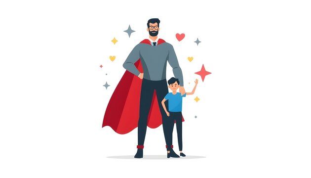 Create a unique modern Father&rsquo;s Day vector illustration featuring a confident father standing proudly with a child beside him, superhero-inspired cape silhouette behind the father, subtle stars.