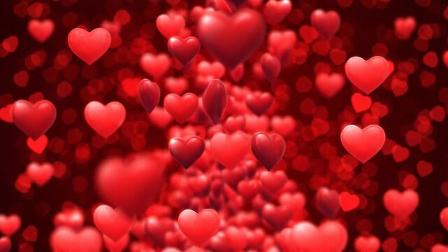 Floating red hearts with bokeh background, romantic love concept in 4K video