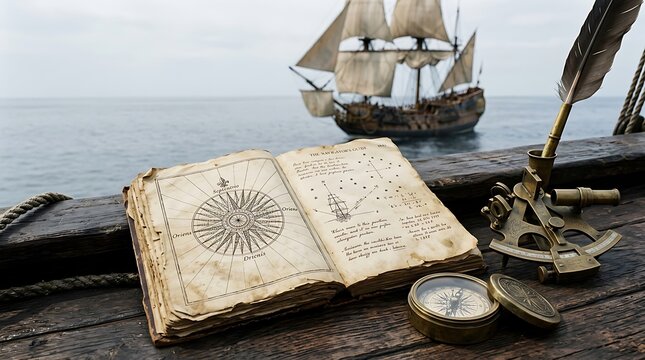 Ancient manuscript compass and sextant on wooden ship deck overlooking ocean with navigation