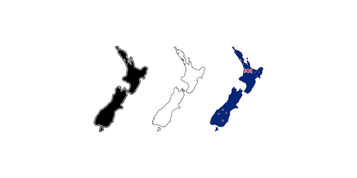 New Zealand map set with island silhouette and flag design for geography projects and travel branding.