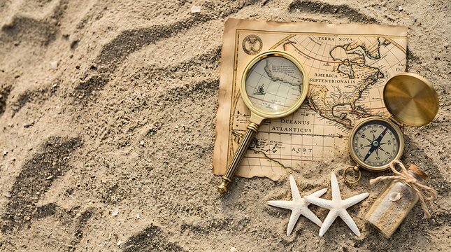 Antique map with compass and starfish on sandy beach shoreline starfish nautical adventure