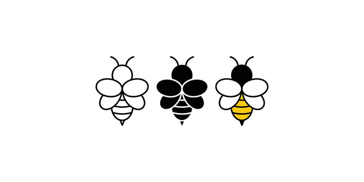 Bee insect icon set with outline solid black and yellow body variations for nature and ecology branding.