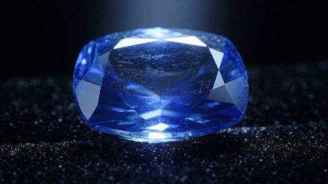Brilliant blue sapphire gemstone glowing under spotlight on black velvet