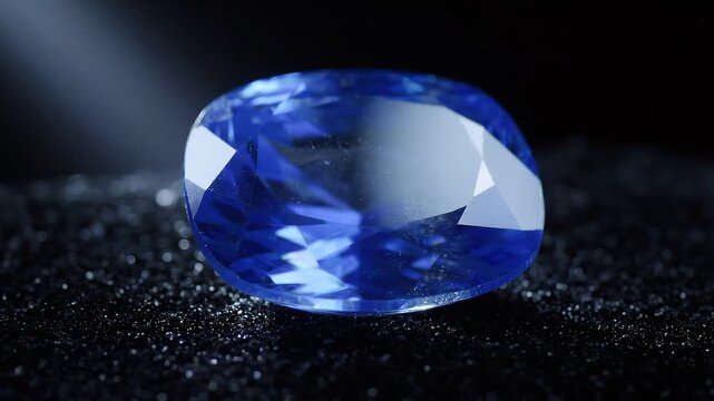 Brilliant blue sapphire gemstone glowing under dramatic studio spotlight on black