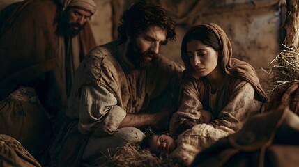 Obraz premium Close up of mary and joseph watching over newborn baby jesus