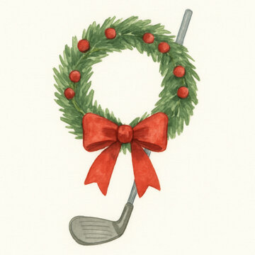 Watercolor illustration of Christmas wreath decorated with red berries and large red bow tied around golf club shaft, combining festive cheer with sports elegance
