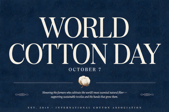 Cotton day announcement poster on a dark blue textured background, with white typography, and a central, cotton boll october seventh